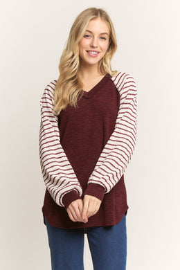 Burgandy/Striped Sleeve V-neck Top