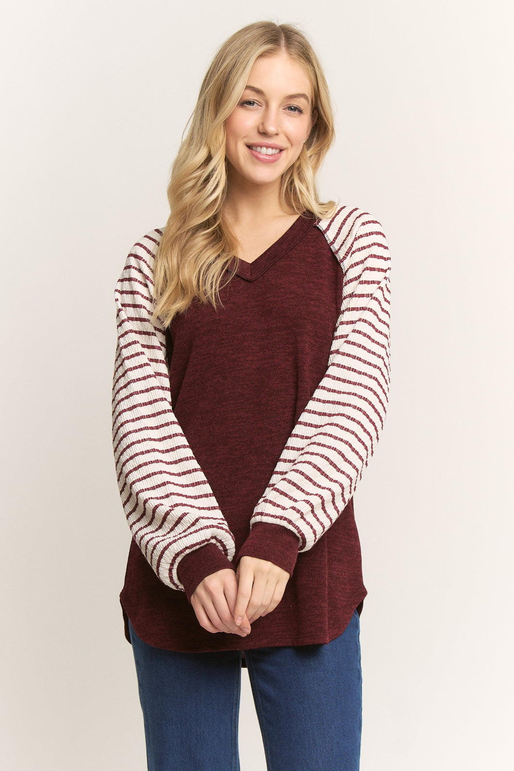 Burgandy/Striped Sleeve V-neck Top