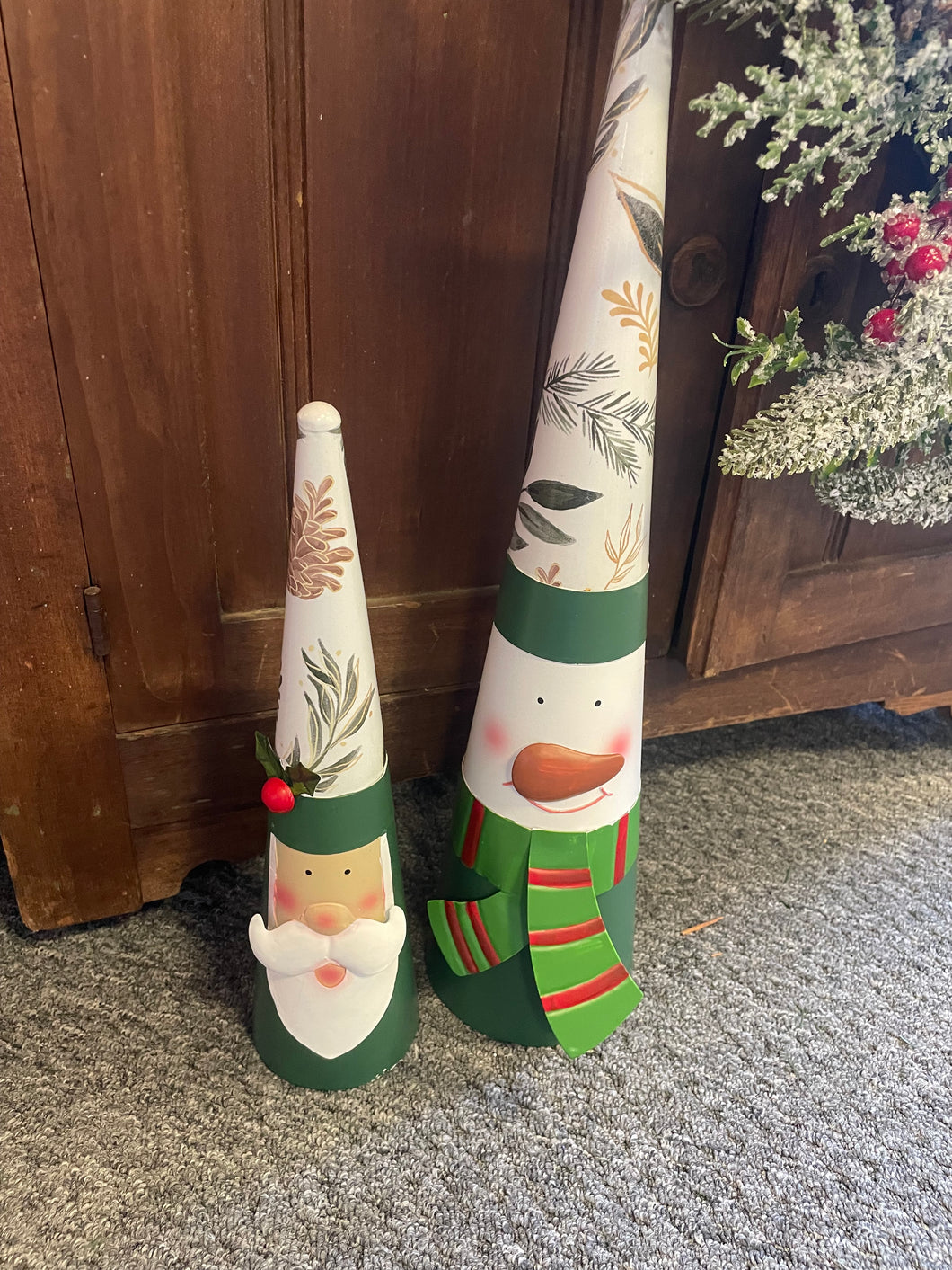 Metal Cone Shaped Snowman & Santa